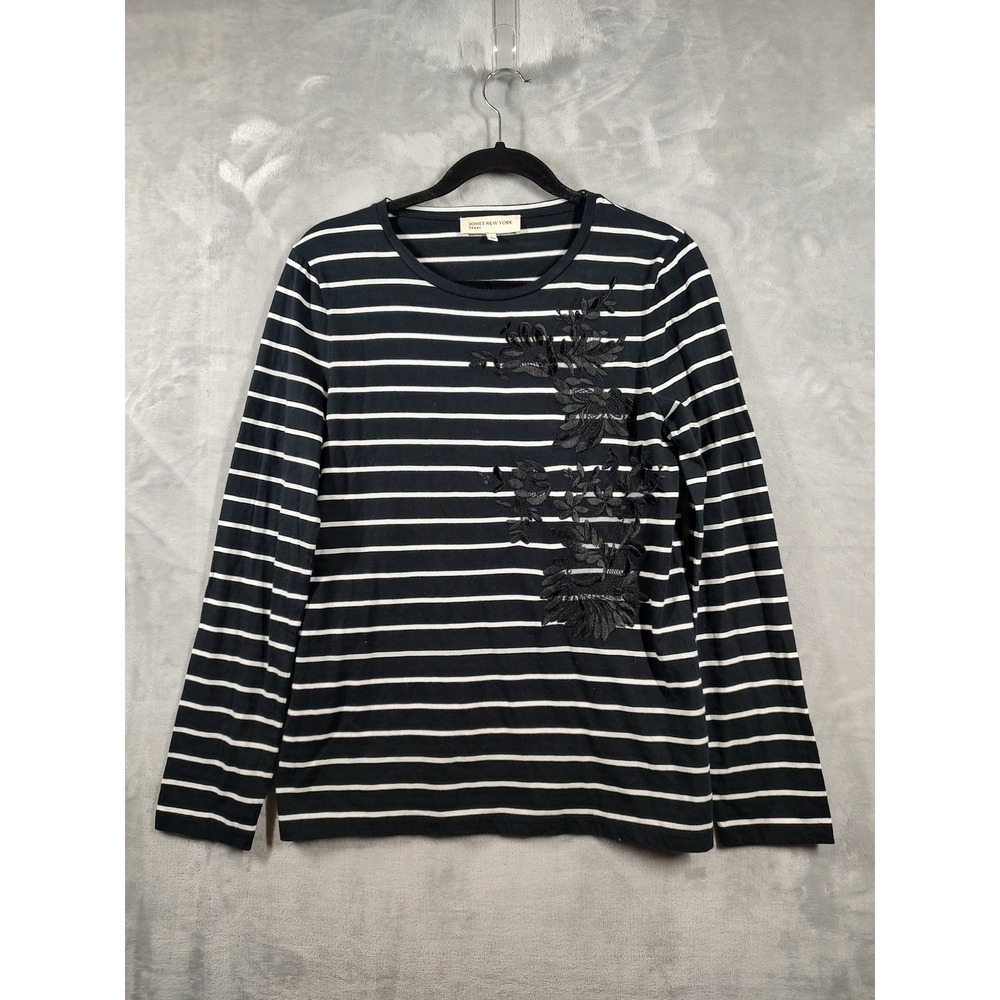 Jones New York Sport‎ Navy White Striped Floral Lace Applique Cotton Top Large